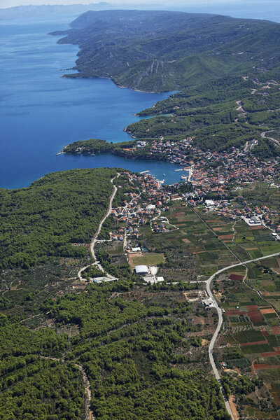 Aerial view of Jelsa town on Hvar island, Adriatic Sea in Croatia