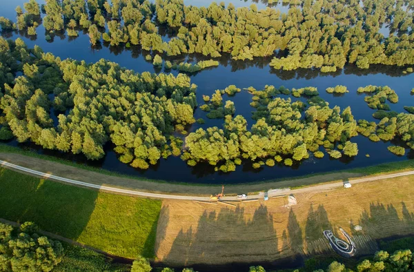 Vista Aérea Dique Danúbio Sua Planície Inundação Kopacki Rit Nature — Fotografia de Stock
