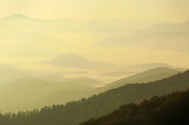 Hırvatistan 'ın Risnjak Milli Parkı' ndaki tepelerin sisi ve katmanlarıyla dağlarda şafak sökerken