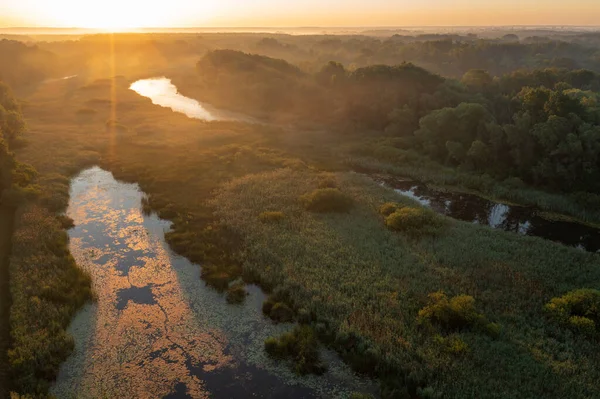 Vista Aérea Nascer Sol Lago Bois Rio Drava — Fotografia de Stock