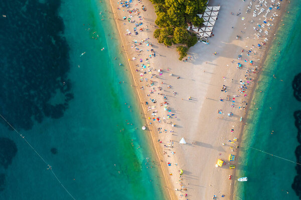 Aerial scene of Zlatni rat beach on Bra island, Croatia