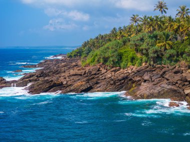 Hiriketiya, Sri Lanka 'da Palmiye Ağaçları ve Turkuaz Okyanusu ile Rocky Tropikal Kıyı Şeridi