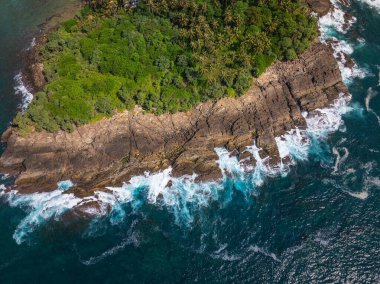 Hiriketiya, Sri Lanka 'da Palmiye Ağaçları ve Turkuaz Okyanusu ile Rocky Tropikal Kıyı Çizgisi Hava Görüntüsü
