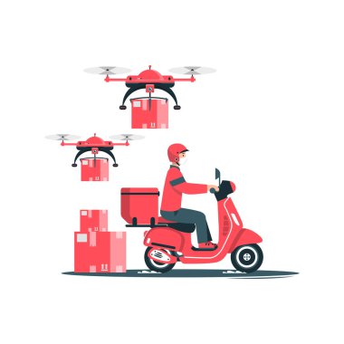 Scooter 'la hızlı ve ücretsiz teslimat. Vektör karikatür çizimi. Gıda Hizmetleri Temel RGB