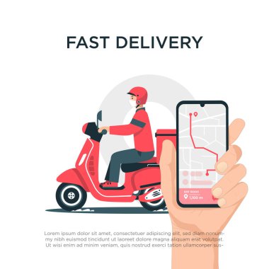 Scooter 'la hızlı ve ücretsiz teslimat. Vektör karikatür çizimi. Gıda Hizmetleri Temel RGB
