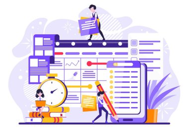 İniş sayfasını ayarla. Zaman yönetimi, ofis işleri etkinlikleri ve toplantılar. Küçük insanlar çizimi