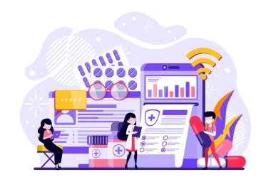 Çevrimiçi Doktor ve Teletıp konsepti. Hastalar ellerinde akıllı telefon uygulamaları ile her yerde ve her zaman bir doktoru arayan bir video tutuyorlar. Küçük insanlar çizimi