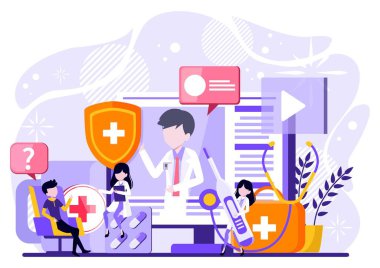 Doktor ve hasta arasındaki tıp konsepti küçük insanlar tarzında. Pratisyen doktor ve hastane muayenehanesinde genç bir hasta. Danışma ve tanı