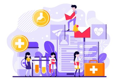 Uzak Çevrimiçi Tıp Danışmanlığı. Akıllı Tıbbi Teknolojiler. Doktorlar, Hastane Kabinesi 'nden bilgisayar ve cep telefonu ekranlarıyla hastalarla iletişim kuruyor. Küçük İnsanlar Çizimi