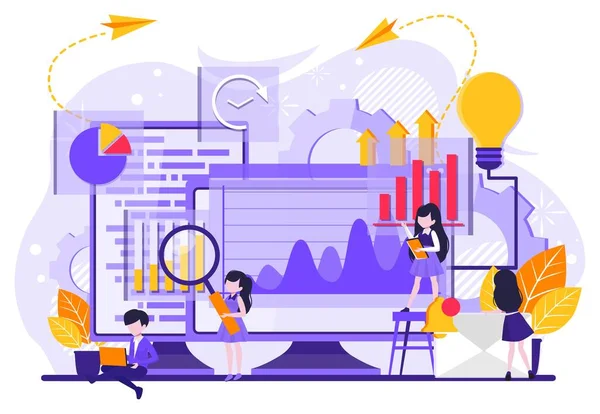 Datenanalyse-Konzept. Teamarbeit von Unternehmensanalysten an holographischen Diagrammen und Diagrammen von Verkaufsmanagementstatistiken und operativen Berichten, Schlüsselindikatoren für die Leistung. Winzige Menschen — Stockvektor