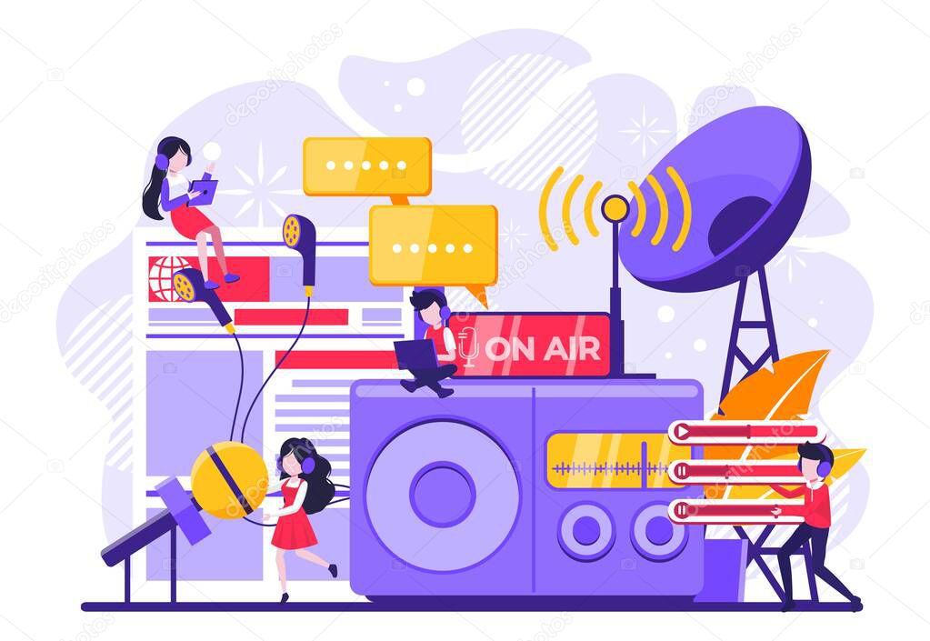 Radio broadcasting concept. people with headset listening to radio podcast. Tiny people illustration