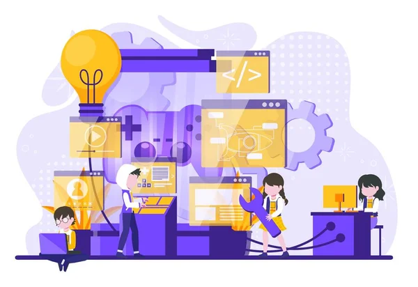 O processo de desenvolvimento de interface para consola de jogos. Modelo de ilustração de pessoas minúsculas para desenvolvimento de aplicativos móveis e design de site com elementos UI UX incluídos. — Vetor de Stock