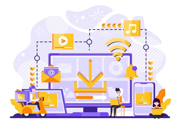 Ilustração vetorial da tecnologia de armazenamento de arquivos, compartilhamento, trabalhador remoto, indústria de rede 4.0. pessoas que compartilham arquivos de trabalho. melhoria da nuvem para transferir é eficaz e mais rápido. caráter pessoas minúsculas — Vetor de Stock