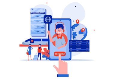 Çevrimiçi hizmet vektör illüstrasyonu. Seyahat planı. Online uçak ve tren biletleri rezervasyonu. Küçük insanlar çizimi