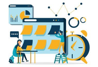 İş analistleri bilgisayar ekranında fikir yönetimi yapıyor. Yenilik yönetimi yazılımı, beyin fırtınası araçları, yenilik bilişim kontrol kavramı. Küçük insanlar çizimi