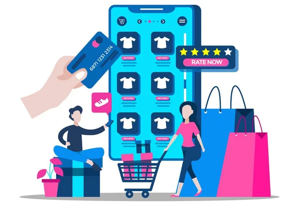 Jovem mulher envolvida em compras e check-out suas compras, grande smartphone em segundo plano. Ilustração de pessoas minúsculas —  Vetores de Stock