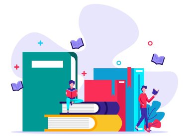 Boş zamanlarında kitap okuyan iki kişi. Küçük insanlar çizimi