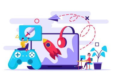 İki adam evlerinde video oyunu oynuyor. Küçük insanlar çizimi