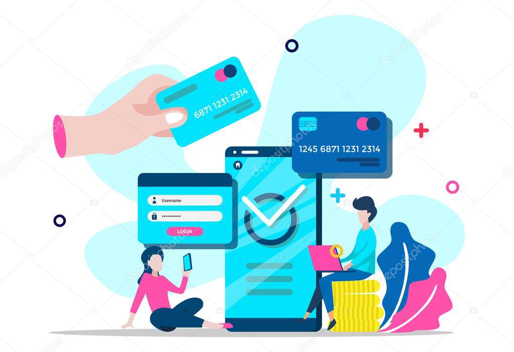 Secure transactions and payments protection, the guarantee security of financial deposits, transactions and savings deposits. Tiny people illustration