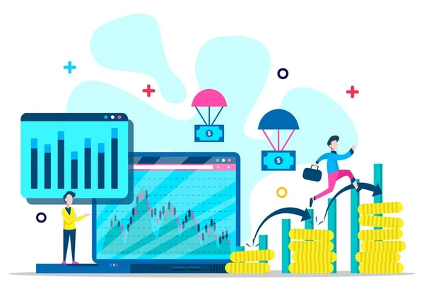 Online-Anlagevektor Illustrationskonzept, Geschäftsleute analysieren die Diagramme und Diagramme, mit einem Haufen Münzen. Winzige Menschen — Stockvektor