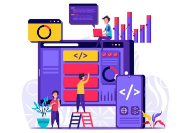 Arka planda büyük telefon ve ekranla web tasarımı ve geliştirmesi yapan üç kişi var. Küçük insanlar çizimi