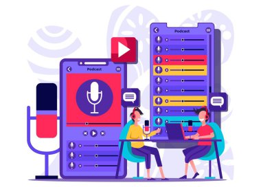 Radyo DJ İki Adam Vektörü. Yayın. Masanın arkasındaki radyo programı sunucusu canlı mikrofona konuştu. Modern Radyo Stüdyosu. Küçük insanlar çizimi 