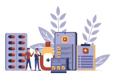 Eczane ilaç konsepti, çevrimiçi eczane konsepti, ilaç reçetesi, küçük insanlar illüstrasyonu. 