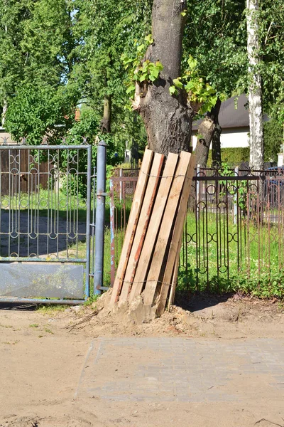 Bescherming Van Bomen Tijdens Renovatie Van Wegen Stad Milieu — Stockfoto