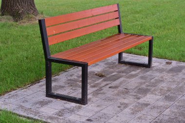Ağaçların ve fenerlerin arasında park bankında. Yaz.