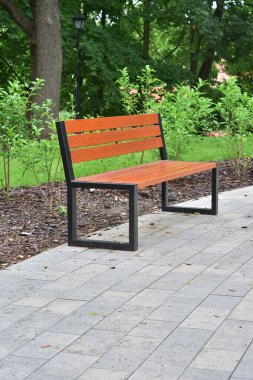 Ağaçların ve fenerlerin arasında park bankında. Yaz.