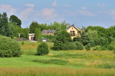 View of the estate of detached houses among trees and green meadows. Summer.