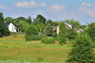 View of the estate of detached houses among trees and green meadows. Summer.