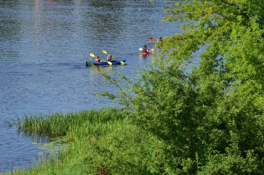 Sıcak bir günde nehirde kanocular. Yaz.