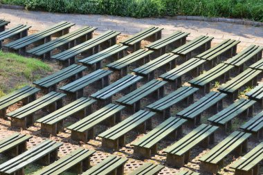 Güneşli bir günde ağaçların gölgesinde amfi tiyatroda banklar. Yaz.