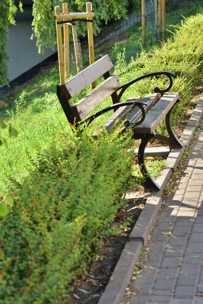 Een Bankje Bij Het Pad Voor Wandelaars Bij Het Kanaal — Stockfoto