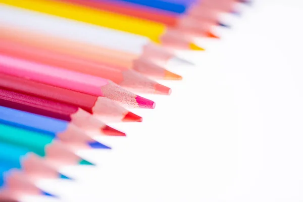 Multicolored Crayons White Background Neatly Arranged Sharpened Hello School — Stock Photo, Image