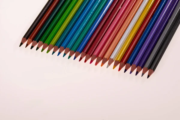 Multicolored Crayons White Background Neatly Arranged Sharpened Hello School — Stock Photo, Image