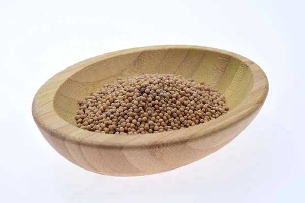 Seeds Sinapis Alba Wooden Bowl White Background Élelmiszer — Stock Fotó