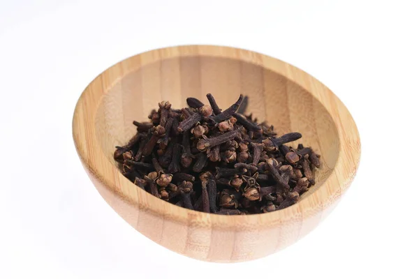Cloves Wooden Bowl White Background Spices — Stock Photo, Image