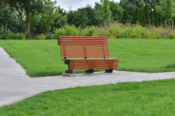 Parkbank Bij Een Voetgangerspad Een Bewolkte Dag Rust Uit — Stockfoto