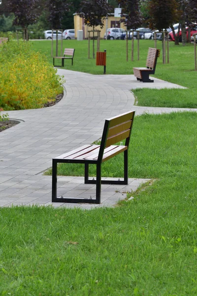 Park Bench Pedestrian Path Cloudy Day Rest — Stock Photo, Image