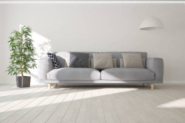 Kanepesi, yastıkları, lambası ve saksıda bitkileri olan modern bir oda. 3B illüstrasyon