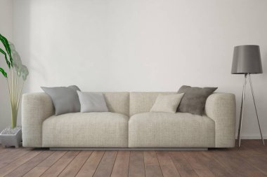 Kanepe, yastık, lamba ve bitki iç tasarımı olan modern bir oda. 3B illüstrasyon