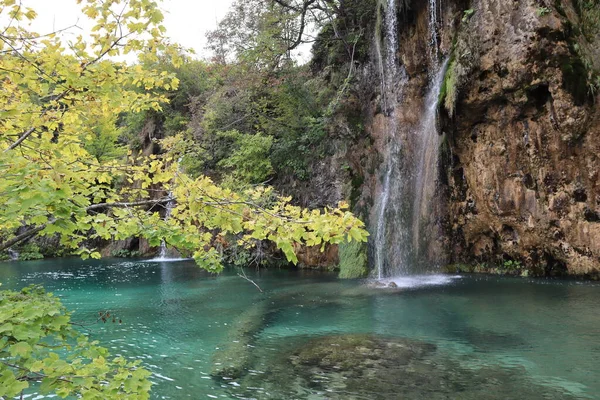 底が見える透明度の高いターコイズブルーの水と滝 プリトヴィツェ湖国立公園 ターコイズブルーの透明度の高い湖の景色 黄色の葉の木 暖かい秋の日の滝 — ストック写真