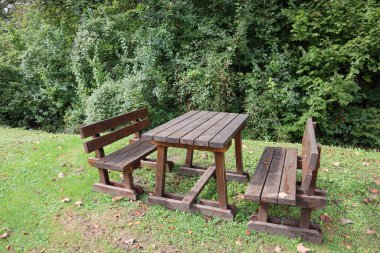 Sonbaharda okul masasında ahşap masa ve yeşil çimlerin üzerindeki banklar..