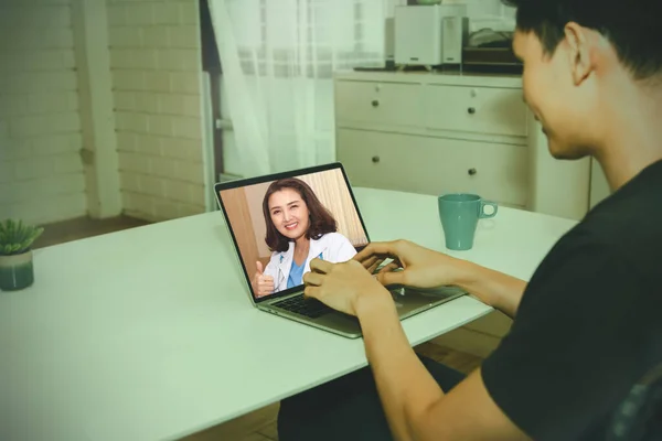 Handicapped Man Wheelchair Home Communicates Video Calls Female Doctor Discuss — Stock Photo, Image