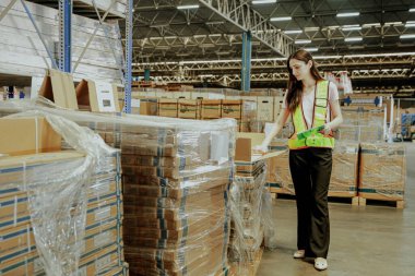 Kadın kasiyer pano tutuyor ve müşterileri kabul etmeden ya da göndermeden önce malın doğruluğunu ve kalitesini kontrol ediyor ve verileri depoya kaydediyor..