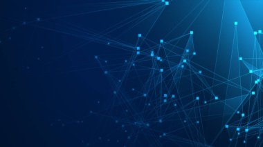 Teknoloji geçmişine sahip soyut mavi çokgen teknoloji ağı. Soyut noktalar ve satır dokusu arka planı. 3d oluşturma.