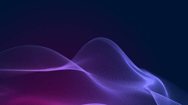 Nokta mavi mor dalga çizgisi, ışık eğimli koyu arkaplan. Soyut teknoloji büyük veri dijital arkaplanı. 3d oluşturma.