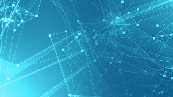 Абстрактная сине-зеленая технологическая сеть полигона с технологическим фоном подключения. Абстрактные точки и линии текстуры фона. 3d-рендеринг.